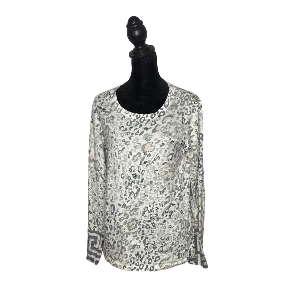 Whimsy Rose Snow Leopard Cheetah Greek Key Butterknit Top Size S Distressed USA